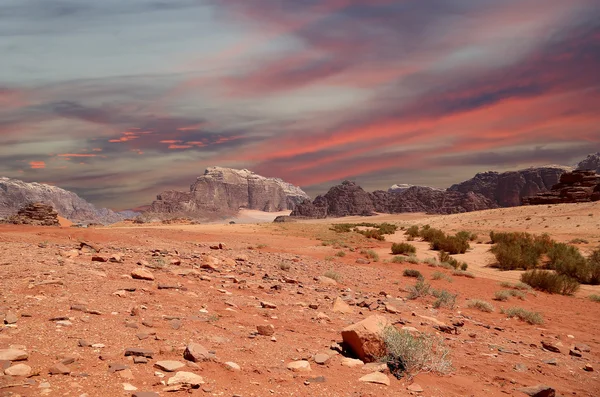 ワディ ・ ラム砂漠としても知られている月の谷は、アカバの東 60 km 南ヨルダンの砂岩と花崗岩の岩にカット谷 — ストック写真