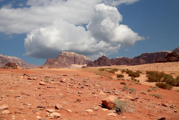 Wadi rum desert znany również jako dolinie Księżyca jest Dolina pokroić w skale piaskowca i granitu w południowej Jordanii, 60 km na wschód od Akaby — Zdjęcie stockowe