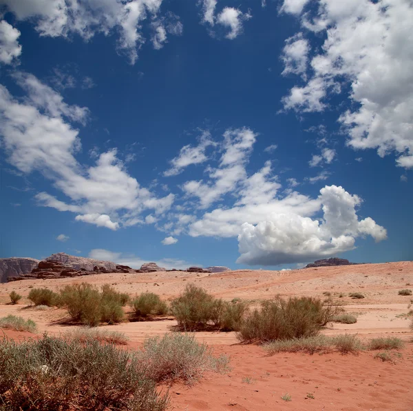 Wadi rum desert znany również jako dolinie Księżyca jest Dolina pokroić w skale piaskowca i granitu w południowej Jordanii, 60 km na wschód od Akaby — Zdjęcie stockowe