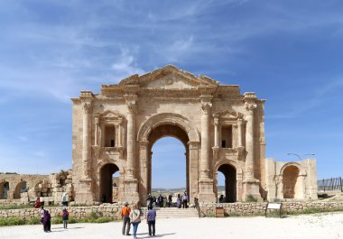 GERASA (JERASH), JORDAN. APRIL 05, 2014: Arch of Hadrian in Gerasa (Jerash)-- was built to honor the visit of emperor Hadrian to Jerash in 129-130 AD, Jordan