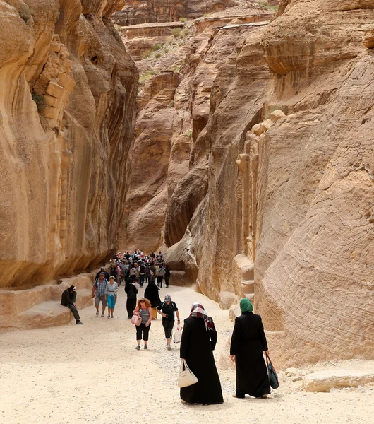 PETRA, JORDAN- 09 DE ABRIL DE 2014. El camino de 1,2 km de largo (As-Siq) a la ciudad de Petra, Jordania — Foto de Stock