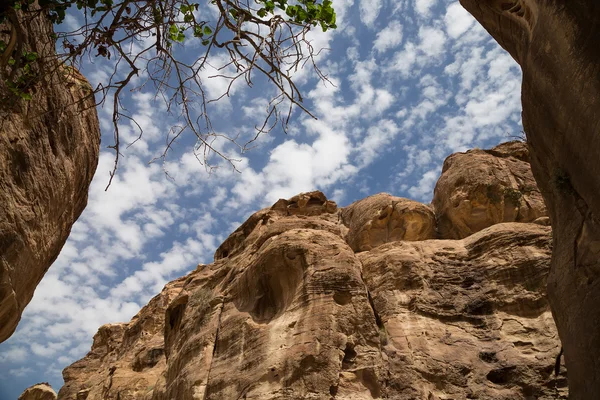 岩石在 1.2 公里长的路 (作为 Siq) 的佩特拉古城，Jordan 的片段 — 图库照片