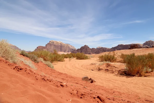 Wadi Rum woestijn ook bekend als de vallei van de maan is een vallei in de zandsteen en graniet rots in zuidelijke Jordan gesneden — Stockfoto