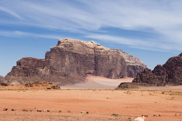 Wadi Rum Desert también conocido como El Valle de la Luna es un valle cortado en la piedra arenisca y roca de granito en el sur de Jordania —  Fotos de Stock