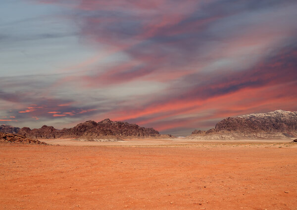 Wadi Rum Desert also known as The Valley of the Moon is a valley cut into the sandstone and granite rock in southern Jordan 60 km to the east of Aqaba
