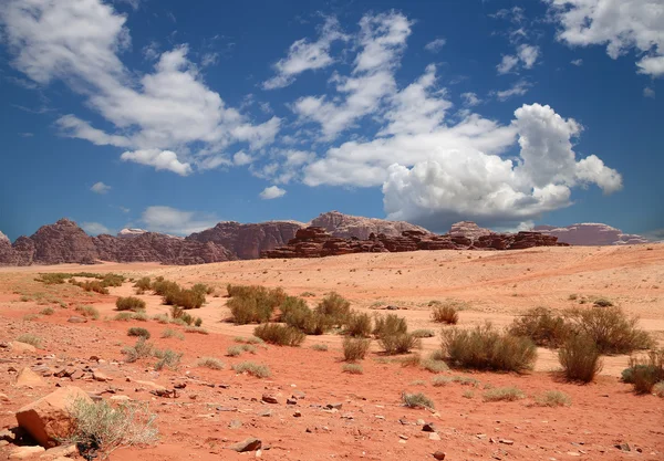 Wadi rum woestijn ook bekend als de vallei van de maan is een vallei in de zandsteen en graniet rots in zuidelijke Jordanië 60 km ten oosten van aqaba gesneden — Stockfoto