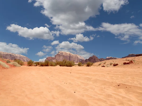 Wadi Rum Desert também conhecido como O Vale da Lua é um vale cortado na rocha de arenito e granito no sul da Jordânia 60 km a leste de Aqaba — Fotografia de Stock