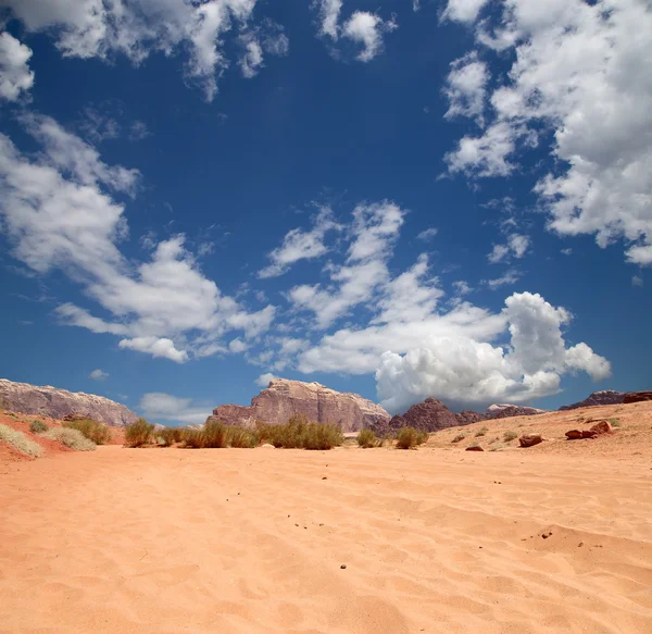 瓦迪鲁姆沙漠也被称为月亮谷是东面的亚喀巴切砂岩和花岗岩岩石在约旦南部 60 公里的一个山谷里 — 图库照片