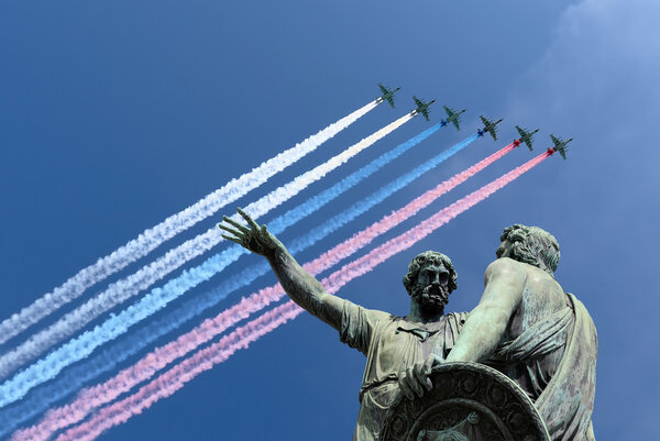 Russian military aircrafts fly in formation over Moscow during Victory Day parade, Russia.