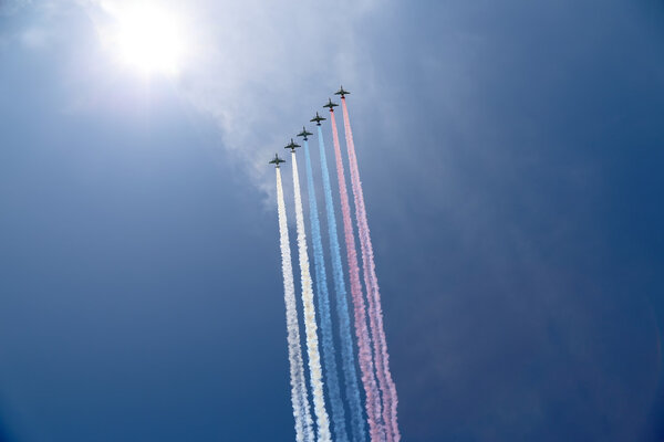 Russian military aircrafts fly in formation over Moscow during Victory Day parade, Russia.