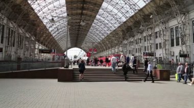 MOSCOW, RUSSIA- May 14, 2015:Aeroexpress red Train on Kiyevskaya railway station  (Kiyevsky railway terminal,  Kievskiy vokzal) -- is one of the nine main railway stations of Moscow, Russia