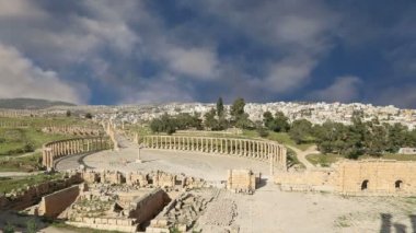 Forum (Oval Plaza)  in Gerasa (Jerash), Jordan.  Forum is an asymmetric plaza at the beginning of the Colonnaded Street, which was built in the first century AD