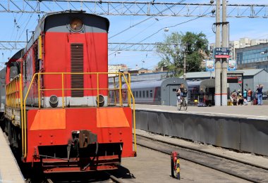 MOSCOW, RUSSIA - JUNE, 01 2015.Train on Moscow passenger platform (Yaroslavsky railway station), Russia-- is one of nine main railway stations in Moscow, situated on Komsomolskaya Square.