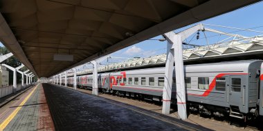 MOSCOW, RUSSIA - JUNE, 03 2015. Train on Leningradsky railway station-- is one of the nine main railway stations of Moscow, Russia