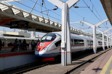 MOSCOW, RUSSIA - JUNE, 03 2015. Aeroexpress Train Sapsan at the Leningrad station. Moscow, Russia