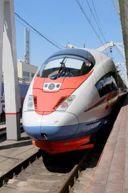 MOSCOW, RUSSIA - JUNE, 03 2015. Aeroexpress Train Sapsan at the Leningrad station. Moscow, Russia