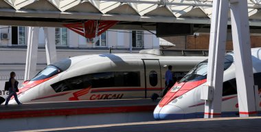 MOSCOW, RUSSIA - JUNE, 03 2015. Aeroexpress Train Sapsan at the Leningrad station. Moscow, Russia