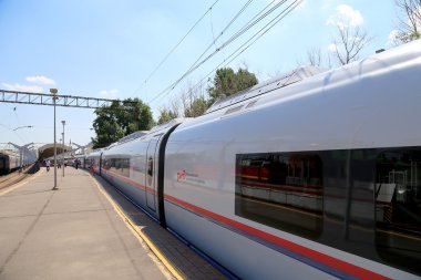 MOSCOW, RUSSIA - JUNE, 03 2015. Aeroexpress Train Sapsan at the Leningrad station. Moscow, Russia