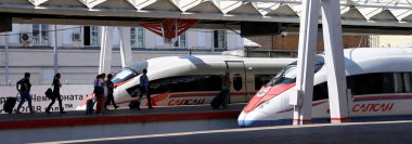 MOSCOW, RUSSIA - JUNE, 03 2015. Aeroexpress Train Sapsan at the Leningrad station. Moscow, Russia