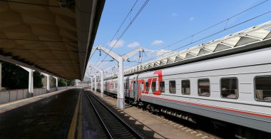 MOSCOW, RUSSIA - JUNE, 03 2015. Train on Leningradsky railway station-- is one of the nine main railway stations of Moscow, Russia