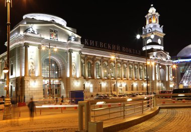 Kiyevskaya railway station  lit at night, Moscow, Russia