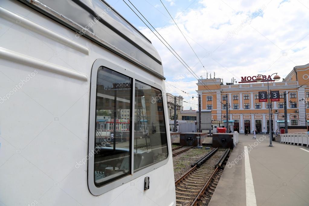 Train on Moscow passenger platform (Savelovsky railway station) is one of the nine main railway stations in Moscow, Russia
