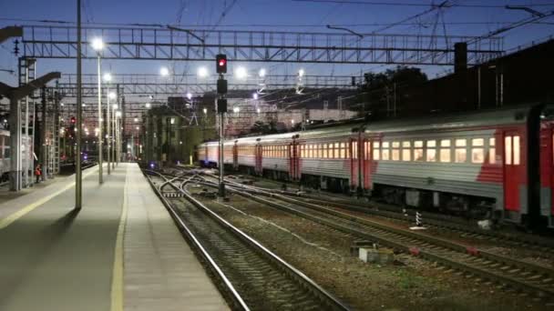 Train on Leningradsky railway station at night -- is one of the nine main railway stations of Moscow, Russia — Stock Video