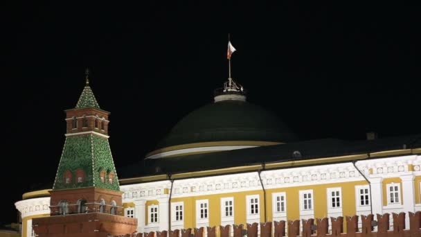 Moscovo Kremlin e Bandeira da Rússia à noite — Vídeo de Stock