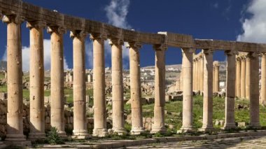 Forum (Oval Plaza)  in Gerasa (Jerash), Jordan.  Forum is an asymmetric plaza at the beginning of the Colonnaded Street, which was built in the first century AD