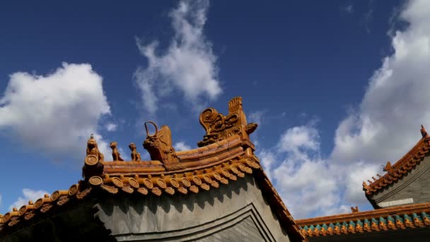 Decoração tradicional do telhado de um templo budista, Pequim, China — Vídeo de Stock