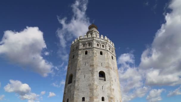 Torre del Oro lub Golden Tower (XIII w.), średniowieczny arabski wojskowych dodecagonal Strażnica w Sewilla, Andaluzja, Południowa Hiszpania — Wideo stockowe