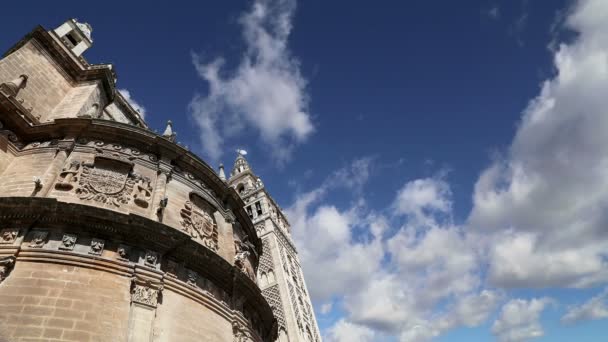Sevilla - székesegyház Cathedral of Saint Mary, lásd, Andalúzia, Spanyolország--a világ harmadik legnagyobb temploma, és az 1500 it befejezésének ideje volt a világ legnagyobb — Stock videók