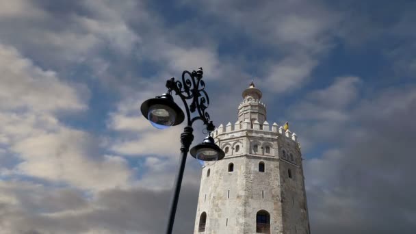 トーレ ・ デル ・ オロまたは黄金の塔 (13 世紀)、セビリア、アンダルシア、スペイン南部の中世アラビア語軍事フェイゾン望楼 — ストック動画