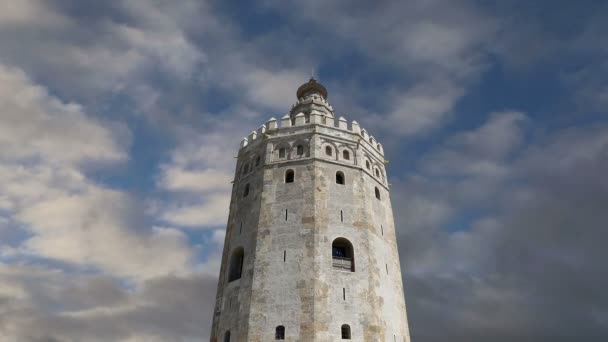 トーレ ・ デル ・ オロまたは黄金の塔 (13 世紀)、セビリア、アンダルシア、スペイン南部の中世アラビア語軍事フェイゾン望楼 — ストック動画