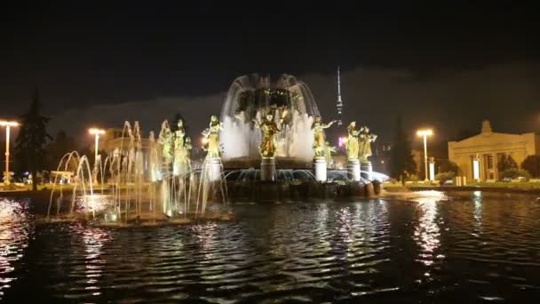 国家の泉友好(1951-54年、建築家K.トプリゼとG.コンスタンティノフスキーによる噴水のプロジェクト) -- Vdnkh(全ロシア展示センター)、モスクワ、ロシア — ストック動画