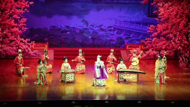 Dancers of the Xian Dance Troupe perform the famous Tang Dynasty show at the Xian Theatre,China  — Vídeo de Stock