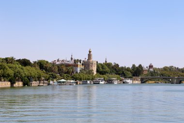 Torre del Oro ya da Golden Tower Guadalquivir Nehri, Sevilla, Andalusia, Güney İspanya üzerinden