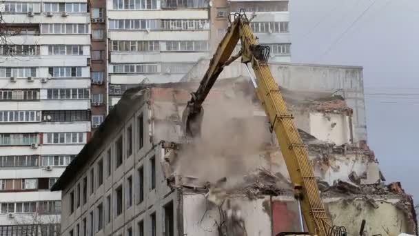Excavator machinery working on demolition old house. — Stock Video