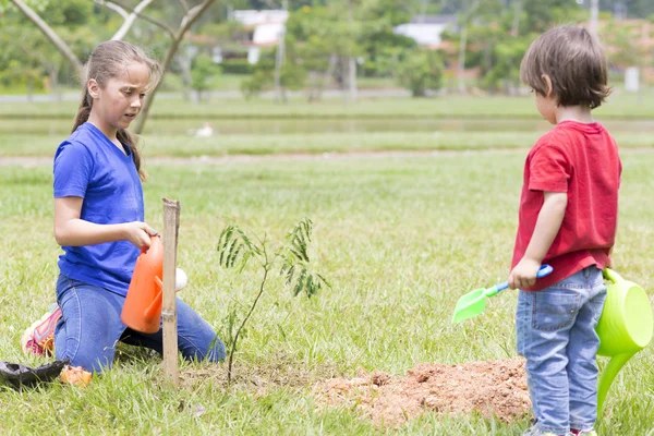 Happy Girl and Boy Watering Plants Outdoors — Stock Photo, Image