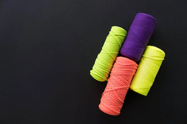 Flat lay of skeins of cotton yarns for macrame with space for your copy — Stock Photo, Image