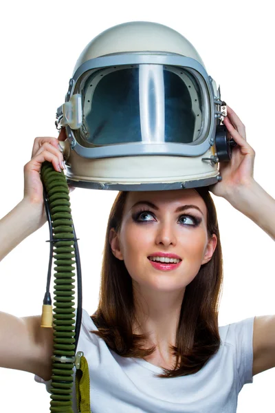 Mulher com capacete de astronauta vintage — Fotografia de Stock