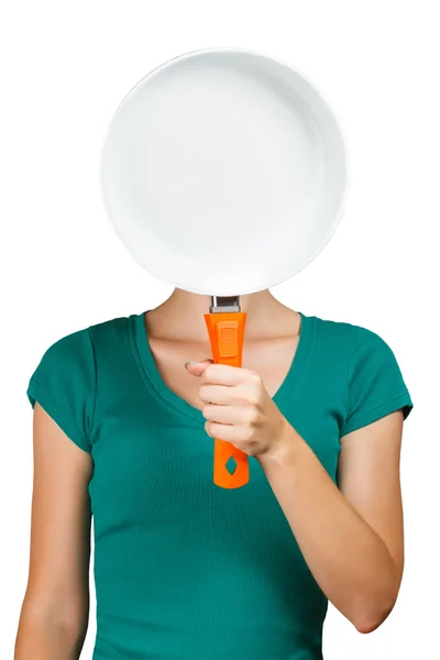 Woman with blank pan — Stock Photo, Image