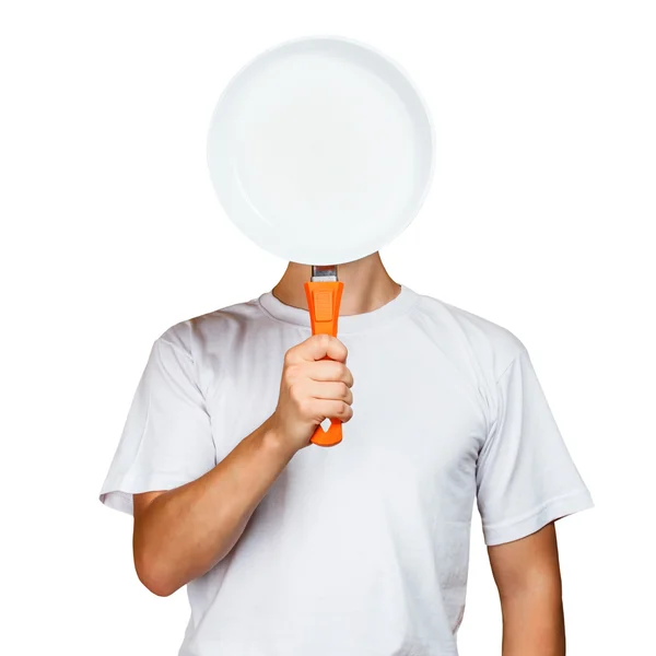 Man with a blank pan — Stock Photo, Image