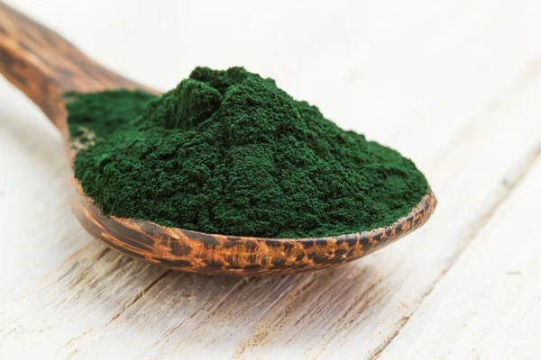 Spirulina powder in wooden spoon