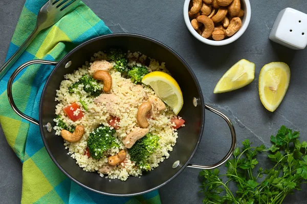 Couscous Dish with Chicken Broccoli Tomato Cashew Nuts — Stok fotoğraf