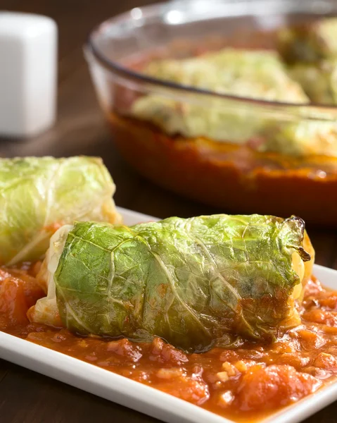 Baked Stuffed Savoy Cabbage on Tomato Sauce — Stockfoto