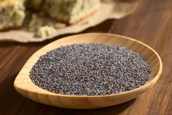 Raw Poppy Seeds on Wooden Plate — Stock Photo, Image