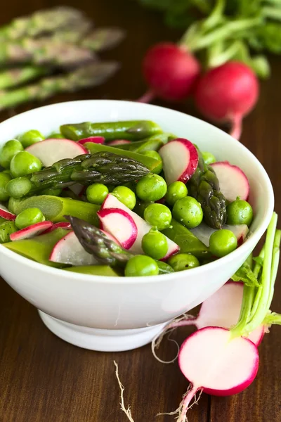 Yeşil kuşkonmaz turp bezelye salatası — Stok fotoğraf