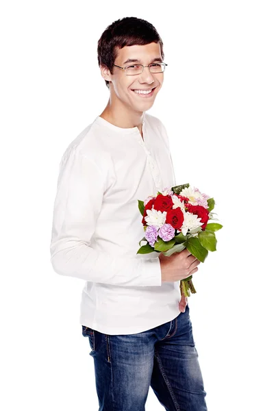 Man met boeket van bloemen — Stockfoto
