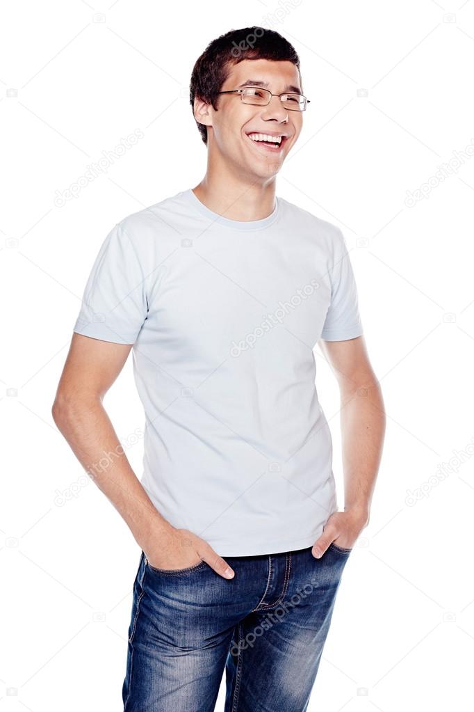 Laughing guy with hands in pockets
